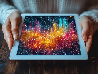 Poster - A person holds a tablet displaying vibrant holographic financial charts. This technology visualizes market data for investment analysis and trading strategies.