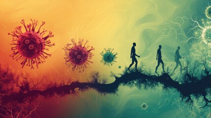 Fototapete - Progression of virus forms illustrating basic to complex evolution alongside human figures demonstrating growth and adaptation. Generative AI