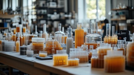 Creative laboratory scene with colorful liquid samples in various glass and plastic containers on a bright workspace table filled with scientific instruments and equipment