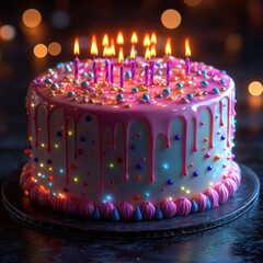 A colorful birthday cake with candles and decorative sprinkles.