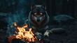 © Design By Reiga - Gray wolf with glowing eyes beside a campfire in a dark forest at night.