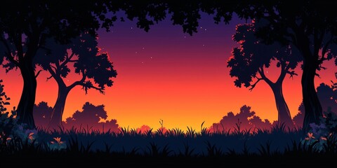 Canvas Print - Stunning Vibrant Sunset Over Forest Landscape with Silhouetted Trees and Grass in Nature Scene Highlighted by Brilliant Orange Purple and Yellow Sky