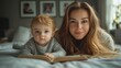 © Design By Reiga - Happy mother and toddler son lying on bed, reading book together.