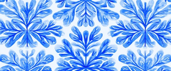 Poster - A modern botanical illustration with blue flowers, leaves, and branches in a watercolor texture, suitable for fabric, prints, and cover designs