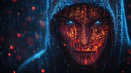 Poster - Hacker Cybercrime Dark Hood Digital Code Neon Light Pixel Security Illustration