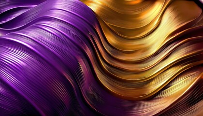Poster - Stunning Wavy Golden and Purple Metallic 3D Background with a Mesmerizing Play of Light and Shade, Showcasing a Vibrant Palette of Hues