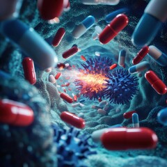 Aufkleber - Pills attack bacteria in a dynamic representation of medical advancements in health science. Generative AI