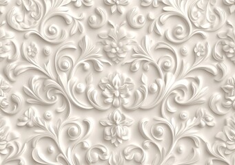 Wall Mural - A beige wallpaper with a retro aesthetic, showcasing a geometric pattern of intricate curlicues and leaves