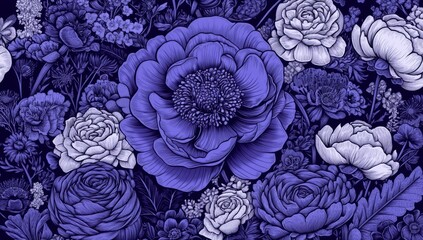 Aufkleber - On a dark blue background, this mural wallpaper includes a large-scale pattern of thorn roses, encompassing diverse flower shapes and sizes