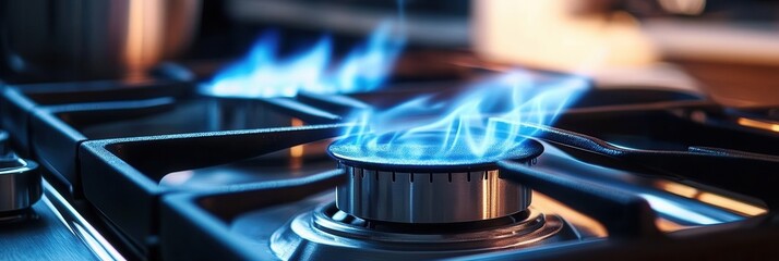 Wall Mural - detail view on kitchen gas cooker with blue flame on while cooking, banner panorama
