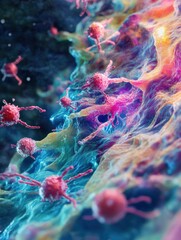 Poster - Swirling bacteria and microbes dynamically interacting in a vibrant liquid environment. Generative AI