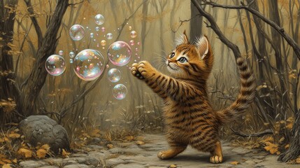 Wall Mural - Adorable Tabby Kitten Playing with Iridescent Soap Bubbles in Enchanting Autumn Forest Setting | Cute Cat Photography for Nature and Animal Lovers