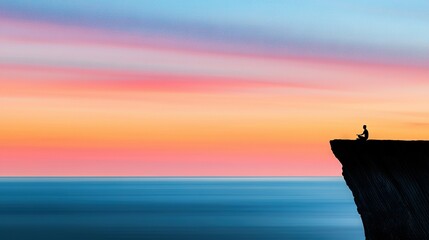 Wall Mural -   A person sits atop a cliff, perched beside a bird, as dusk descends