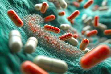 Aufkleber - Pills circling and attacking bacteria symbolizing the advancements in medical treatments and public health initiatives. Generative AI