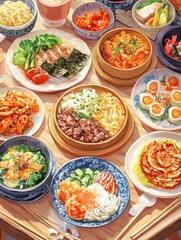 Poster - Vibrant table spread of traditional Korean dishes featuring kimchi, bibimbap, and steamed dumplings in a warm setting. Generative AI
