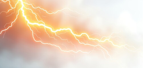 Poster - Abstract illustration of powerful lightning storm. Bright white, golden lightning bolts streak across soft orange, light beige backdrop. Stormy weather effect depicted in dynamic lines. Visual