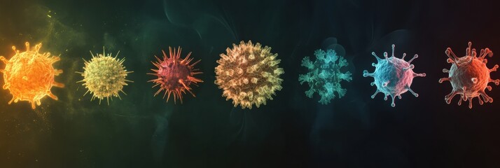 Leinwandbilder - Progression of virus forms from simple to complex illustrating evolutionary changes and structural adaptations in pathogens. Generative AI