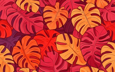 Poster - A design element showcasing tropical leaves, banana foliage, and palm leaves in a seamless pattern. Excellent for tourism and travel banners, summer sales, and textile and fabric prints