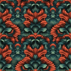 Poster - Floral backdrop adorned with modern leaves. Seamless geometric pattern in mid-century modern style. Decorative retro vintage design ornament