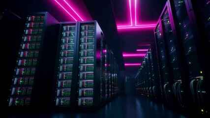 Fototapete - Neonlit data center servers with futuristic technology in a dark environment