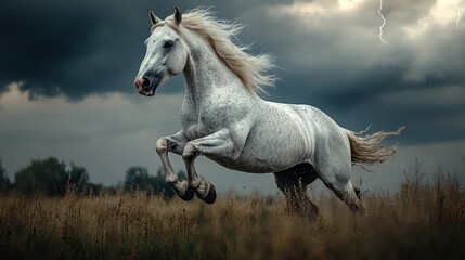 Majestic white horse galloping in a stormy field.