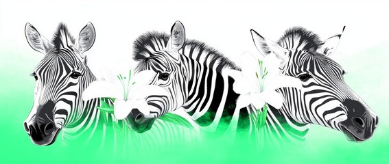 Poster - A fashionable template for design, featuring a hand-drawn abstract floral pattern with zebras in a contemporary seamless collage format, utilizing natural colors