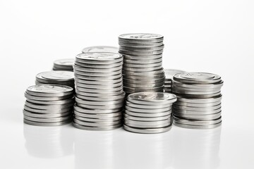 Stacks of coins arranged in various heights on a reflective surface showcasing wealth and investment