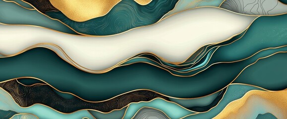 Aufkleber - A modern wallpaper design featuring luxury abstract line art. The piece includes a gold round curve pattern on a watercolor texture background, fitting for home decoration, card, poster, banner