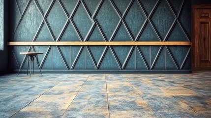 Poster - A 3D render showcases a futuristic wall created by arranging 3D Tiles in a triangular format on a black background of polished blocks
