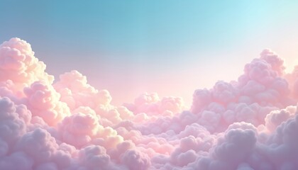 Aufkleber - Pastel clouds fill sky in soft gradient of pinks, blues. Fluffy clouds with soft textures create dreamlike atmosphere. Beautiful sunrise sunset light bathes clouds in warm hues. Ideal for wallpaper