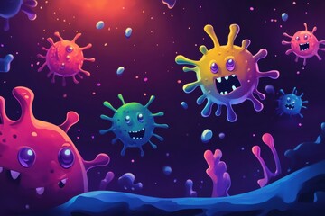 Poster - Playful cartoon viruses engaging in a whimsical showdown with antibodies in a vibrant, colorful environment. Generative AI