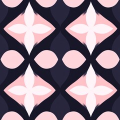 Poster - Minimalist floral design within a seamless geometric pattern, blue and white, on a retro 1960s to 1970s style background with a simple repeat texture