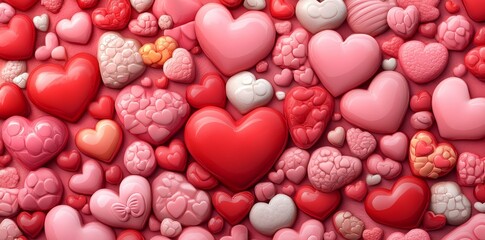 Poster - Ideal as a Valentine's day holiday backdrop texture or romantic wedding design, this illustration features a cute, pink heart background print in a red love heart seamless pattern