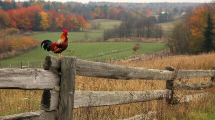 Rooster perched on a wooden fence overlooking autumn landscape with colorful foliage in the background. Generative AI