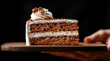Poster - close up of slice of cake served on wooden plate, showcasing layers of moist cake and creamy frosting, topped with pecan. Perfect for dessert lovers