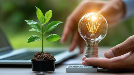 Aufkleber - person holds glowing light bulb next to small plant, symbolizing innovation in green technology and renewable energy solutions