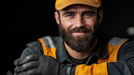 Aufkleber - smiling mechanic wearing gloves and cap, showcasing confidence and professionalism. His beard and work attire reflect dedicated approach to heavy machinery maintenance