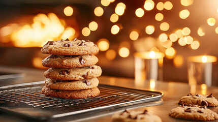 Aufkleber - Freshly baked cookies stacked on cooling rack, surrounded by warm lights and cozy atmosphere. Perfect for sharing and enjoying during festive moments