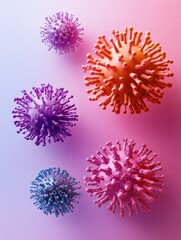 Fototapete - Virus forms showcasing progression from simple to complex structures in various colors against a pastel background. Generative AI