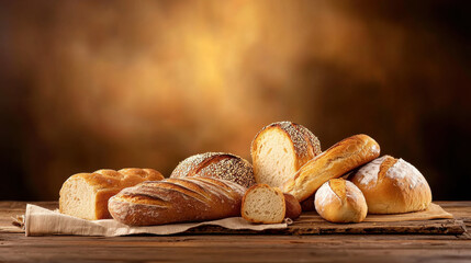 Poster - Freshly baked bread loaves arranged on wooden surface, showcasing various textures and shapes. warm lighting enhances inviting atmosphere of this delicious assortment