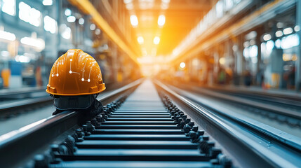 Poster - safety helmet with IoT sensors rests on railway tracks in industrial facility, symbolizing innovation in machine maintenance and safety