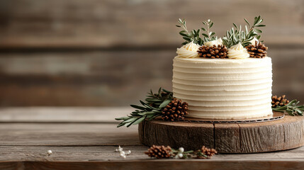 Poster - beautifully decorated vanilla cake with buttercream frosting, adorned with pinecones and greenery, perfect for festive celebrations. rustic wooden background enhances its charm