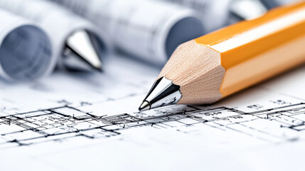 Poster - Close up of modern mechanical pencil on architectural blueprints, showcasing precision and design. Ideal for architects and designers