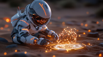 Aufkleber - futuristic robot in space suit interacts with glowing data patterns on sandy surface, showcasing advanced technology and artificial intelligence