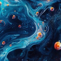 Fototapete - Swirling microbes and bacteria creating vibrant patterns in a liquid medium. Generative AI