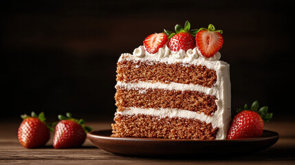 Aufkleber - Delicious layered strawberry cake slice with whipped cream and fresh strawberries, beautifully presented on wooden plate, perfect for dessert lovers