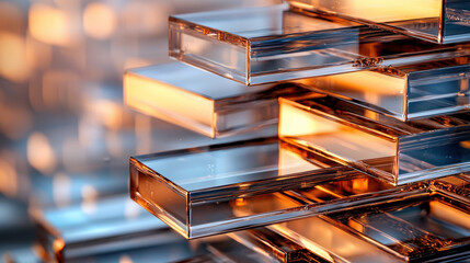 Poster - Close up of stack of solid glass blocks reflecting warm light, showcasing their transparent beauty and intricate details. interplay of light creates stunning visual effect