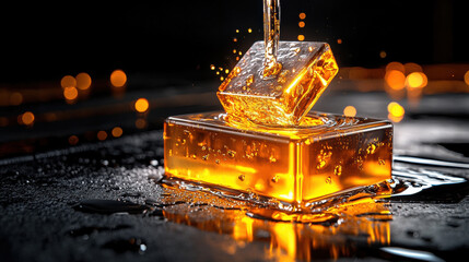 Aufkleber - Close up of liquid gold being poured into mold, creating mesmerizing effect with bubbles and reflections. warm tones evoke sense of luxury and craftsmanship