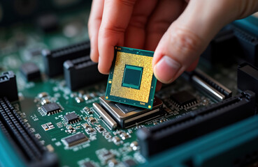 Poster - Close-up view of computer tech maintenance. Person installs cpu processor into socket on pc motherboard. Tech support hardware expert works on pc components. Maintenance, repair concepts displayed on