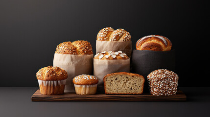 Poster - Freshly baked bread and pastries displayed on wooden board, showcasing variety of textures and shapes, including muffins, loaves, and rolls, perfect for any bakery setting
